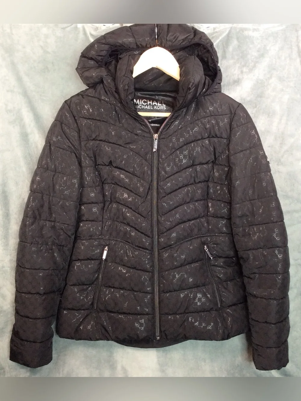 Michael Kors Black Quilted Hooded Puffer Jacket with Subtle Logo Print